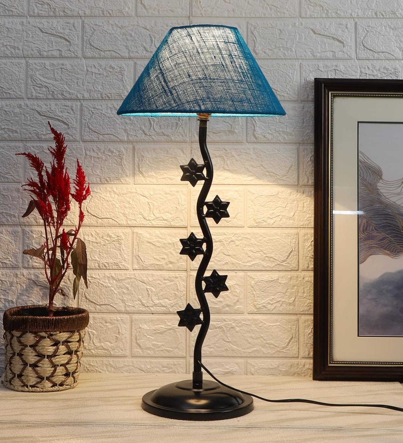 Turquoise Jute Zig Zag Star Table lamp with Iron Base (AE38)