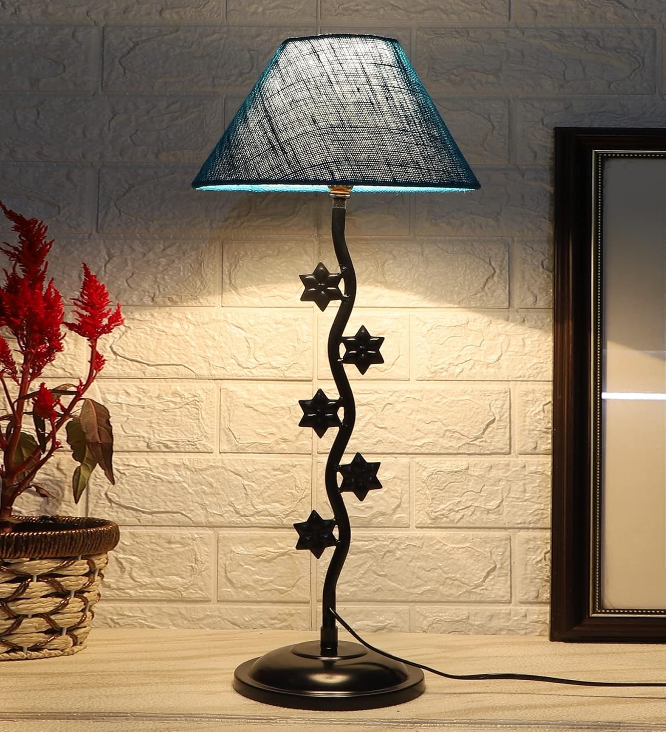 Turquoise Jute Zig Zag Star Table lamp with Iron Base (AE38)