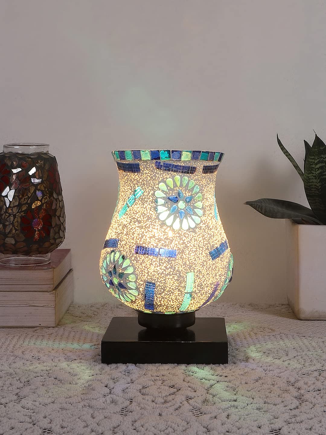 Black Wood Square Table lamp with Mosaic Glass (FD03)