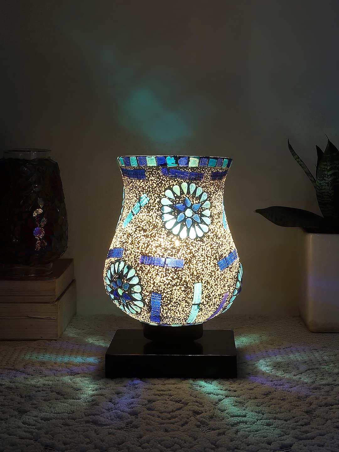 Black Wood Square Table lamp with Mosaic Glass (FD03)