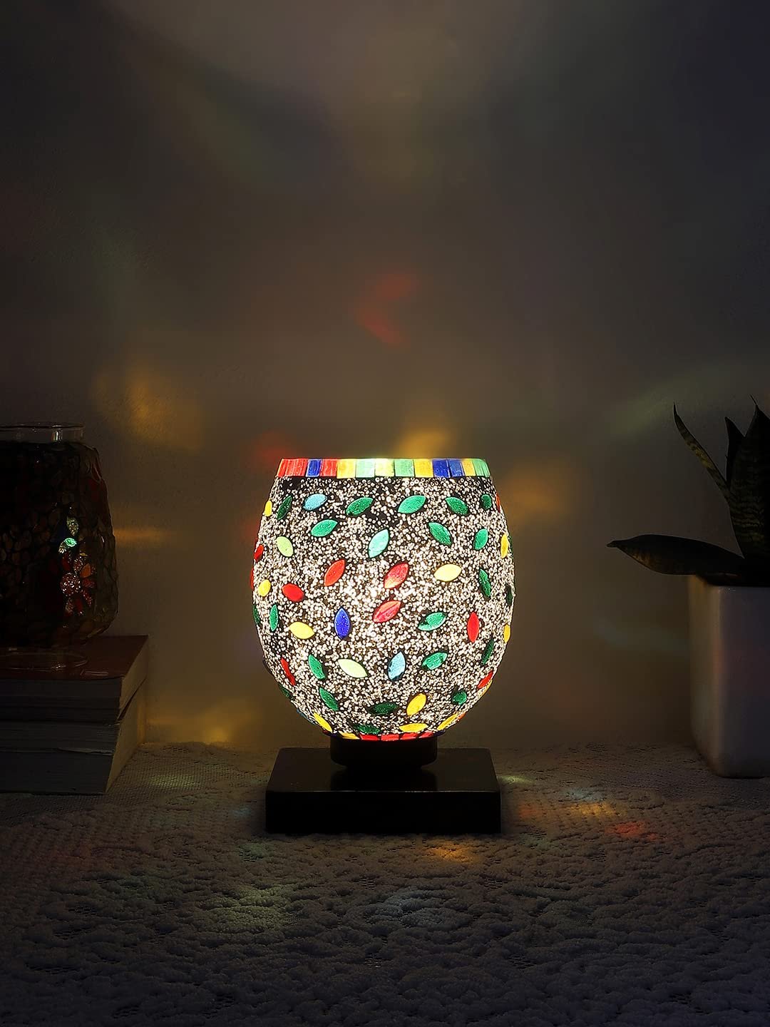 Black Wood Square Table lamp with Mosaic Glass -FD06
