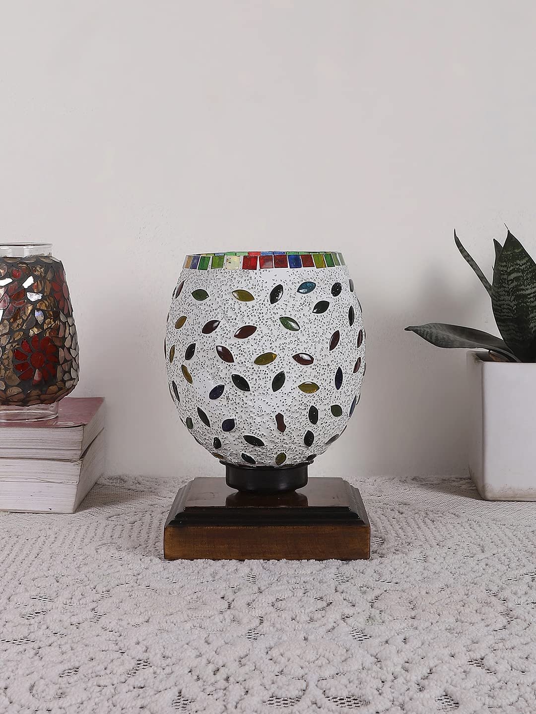 Dark Brown Wood Square Table lamp with Mosaic Glass -FD07