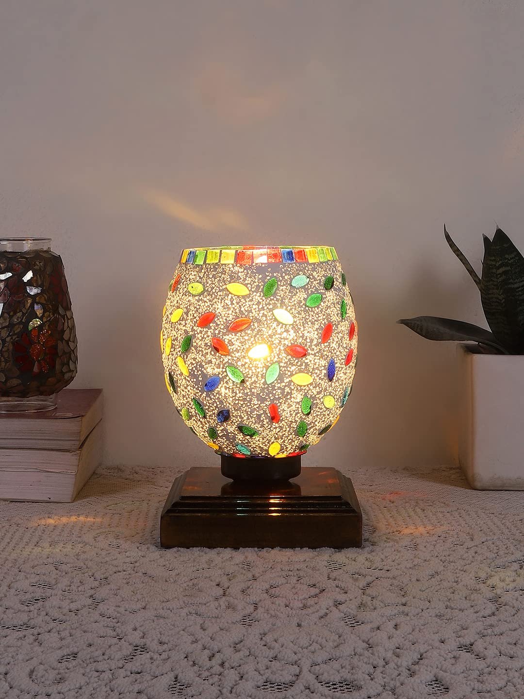 Dark Brown Wood Square Table lamp with Mosaic Glass -FD07
