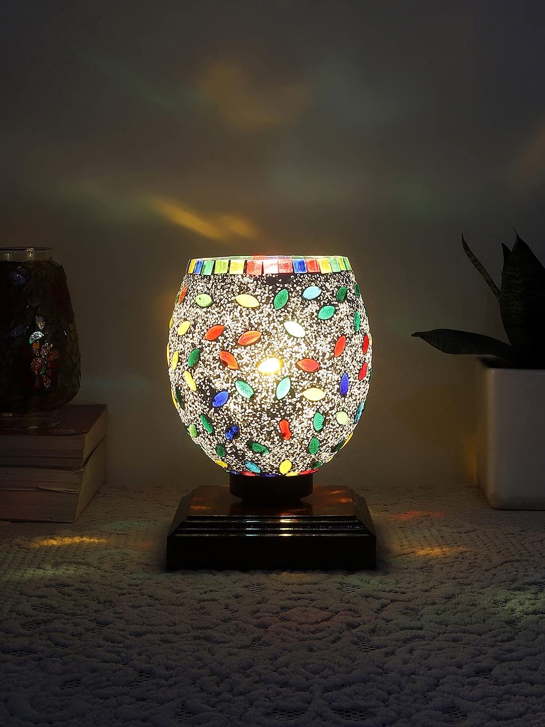 Dark Brown Wood Square Table lamp with Mosaic Glass -FD07
