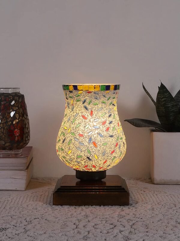 Dark Brown Wood Square Table lamp with Mosaic Glass -FD09