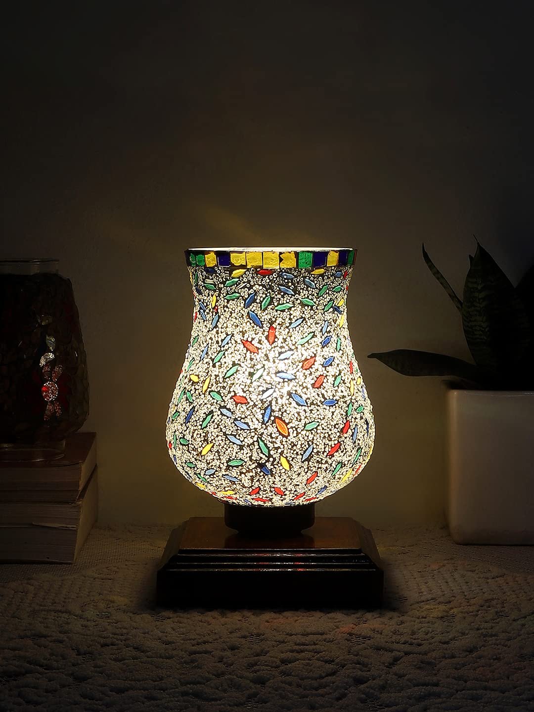 Dark Brown Wood Square Table lamp with Mosaic Glass -FD09