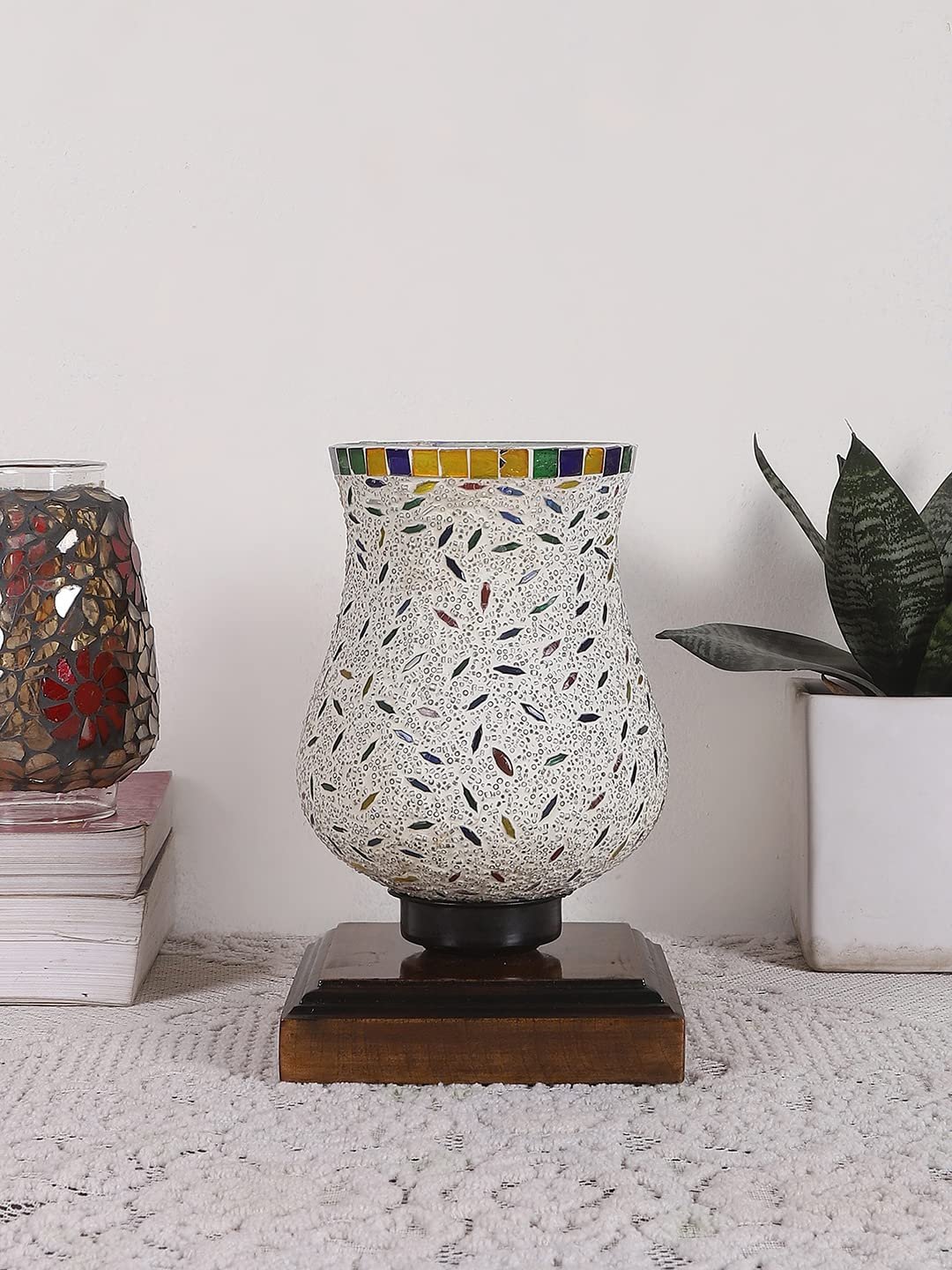 Dark Brown Wood Square Table lamp with Mosaic Glass -FD09