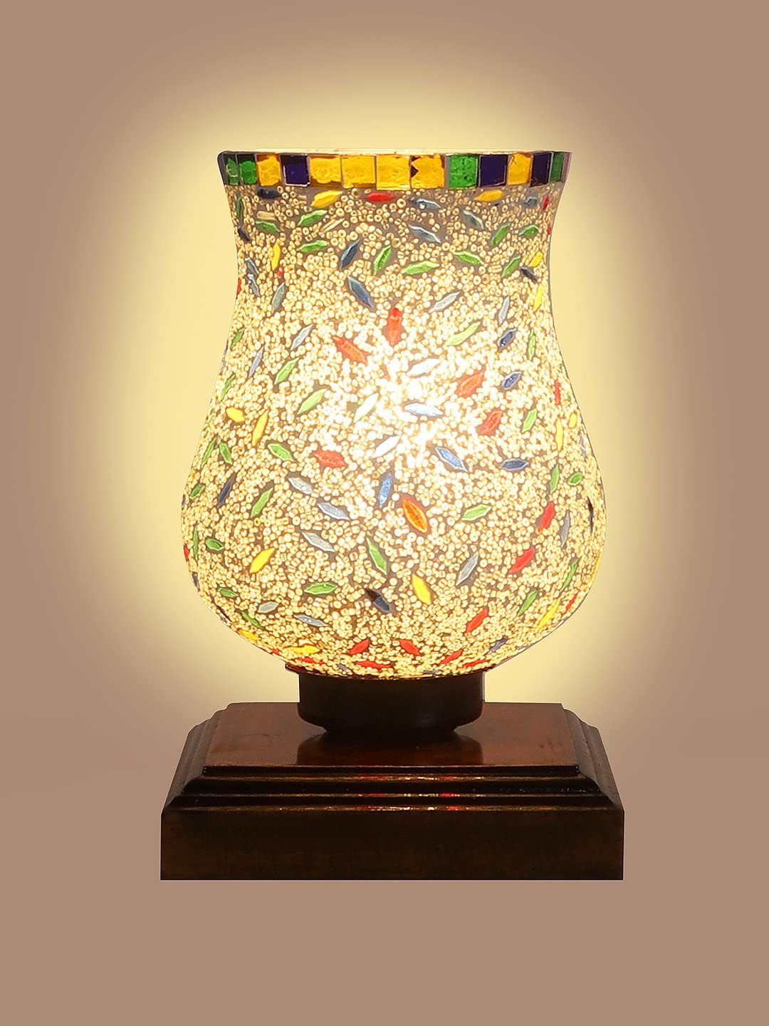 Dark Brown Wood Square Table lamp with Mosaic Glass -FD09