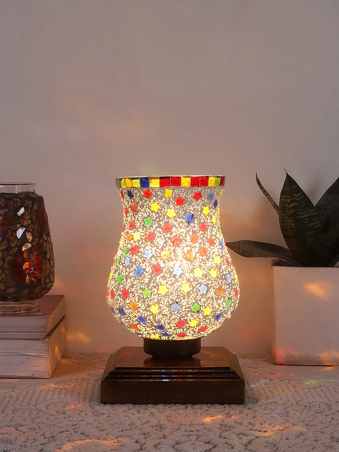 Dark Brown Wood Square Table lamp with Mosaic Glass -FD10