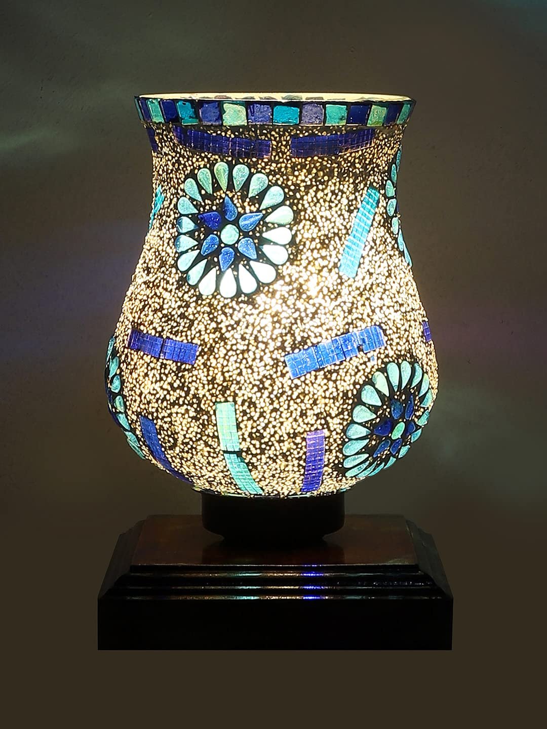Dark Brown Wood Square Table lamp with Mosaic Glass -FD11