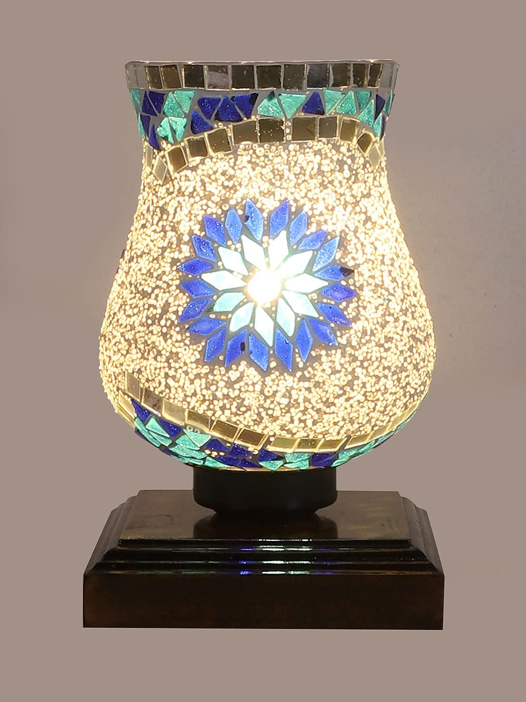 Dark Brown Wood Square Table lamp with Mosaic Glass -FD12