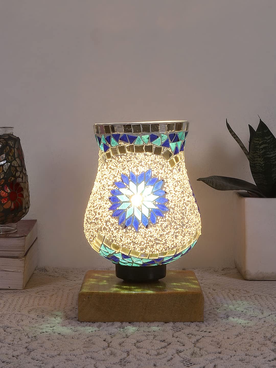Natural Wood Square Table lamp with Mosaic Glass -FD13