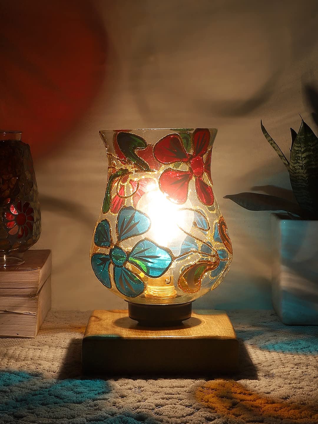 Natural Wood Square Table lamp with Mosaic Glass -FD15