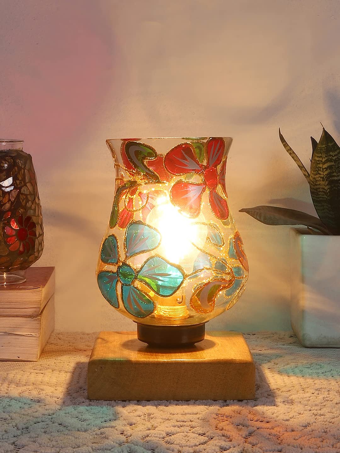 Natural Wood Square Table lamp with Mosaic Glass -FD15