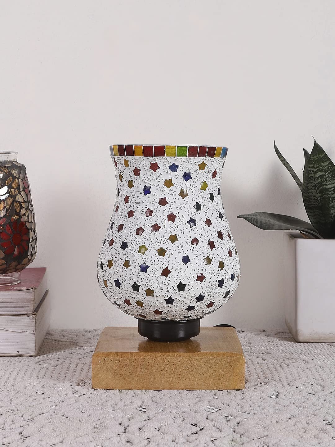 Natural Wood Square Table lamp with Mosaic Glass -FD17