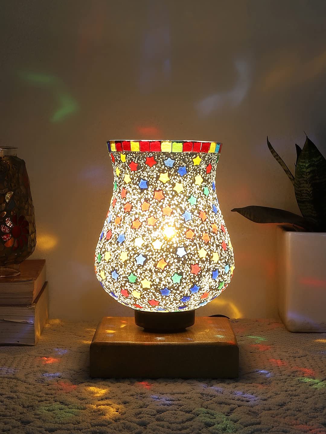 Natural Wood Square Table lamp with Mosaic Glass -FD17