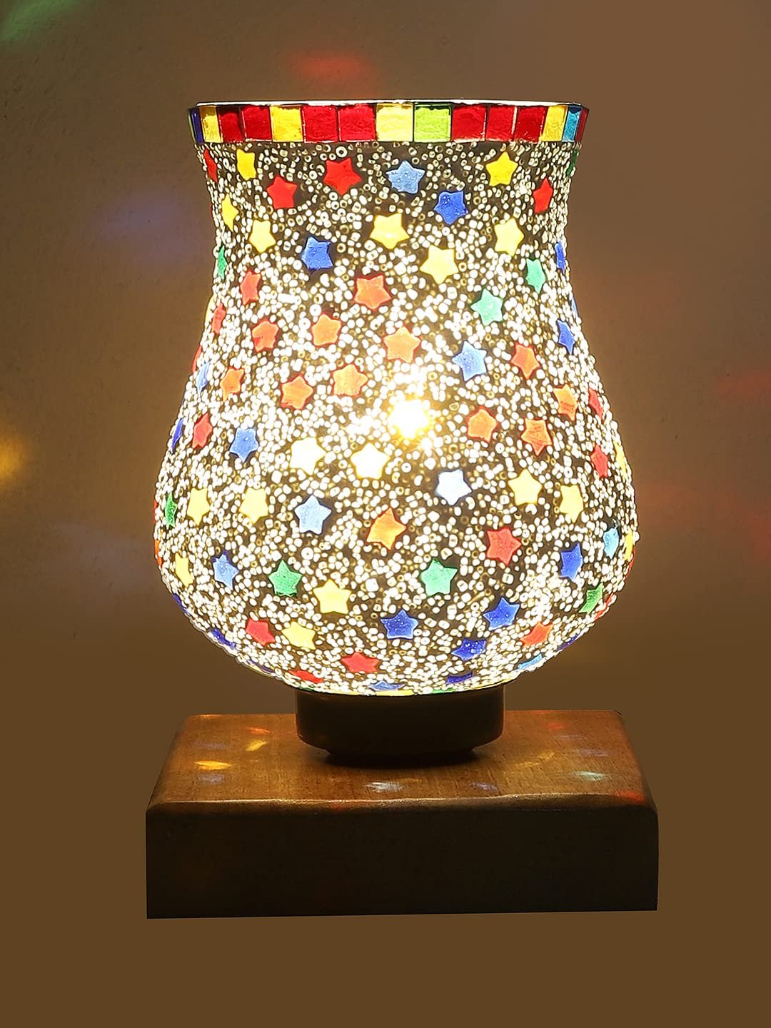 Natural Wood Square Table lamp with Mosaic Glass -FD17