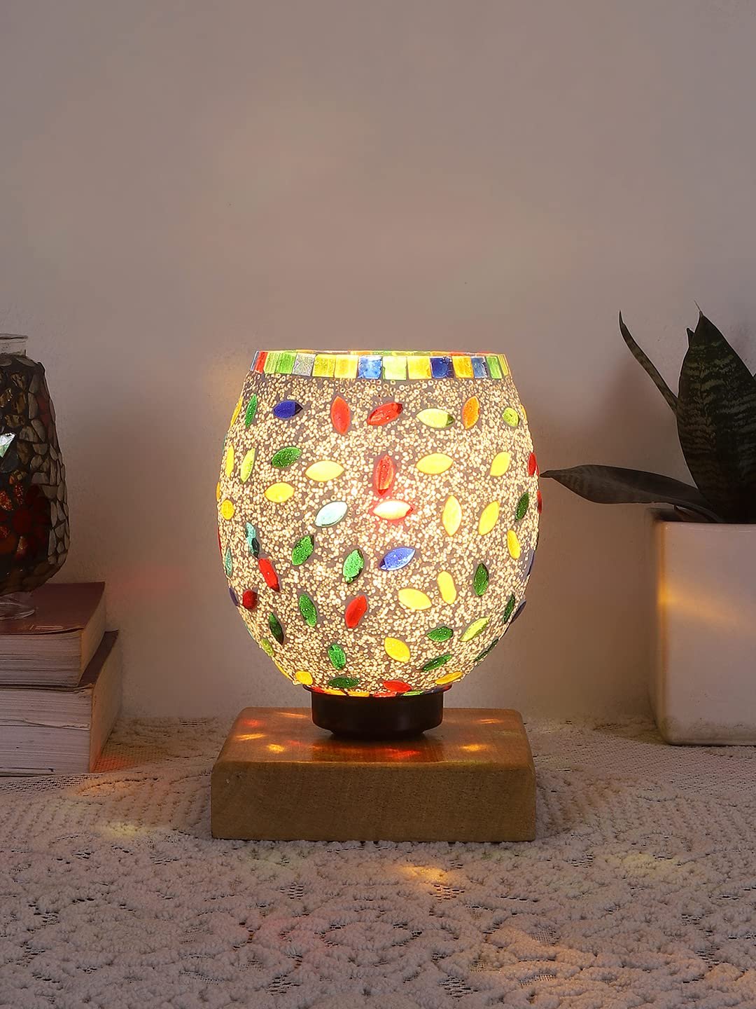 Natural Wood Square Table lamp with Mosaic Glass -FD18
