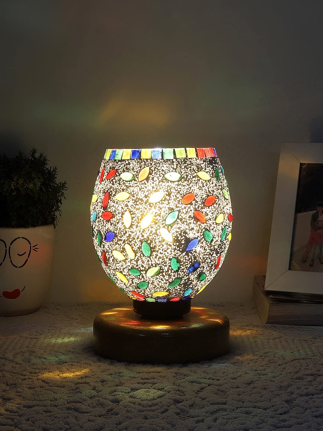 Natural Wood Round Table lamp with Mosaic Glass -FD19