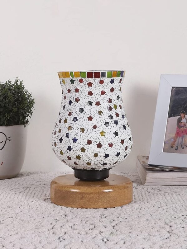 Natural Wood Round Table lamp with Mosaic Glass -FD20