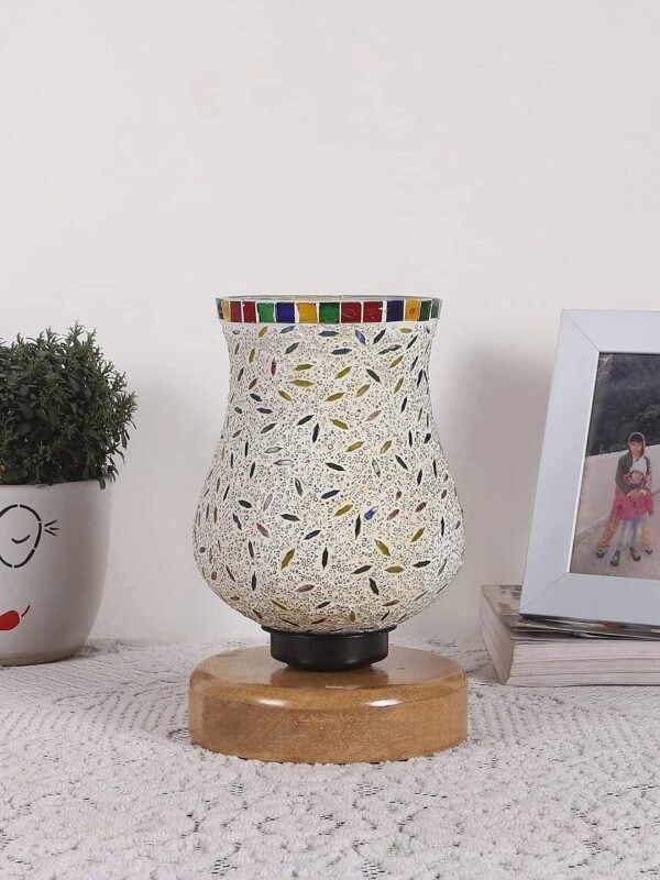 Natural Wood Round Table lamp with Mosaic Glass -FD21