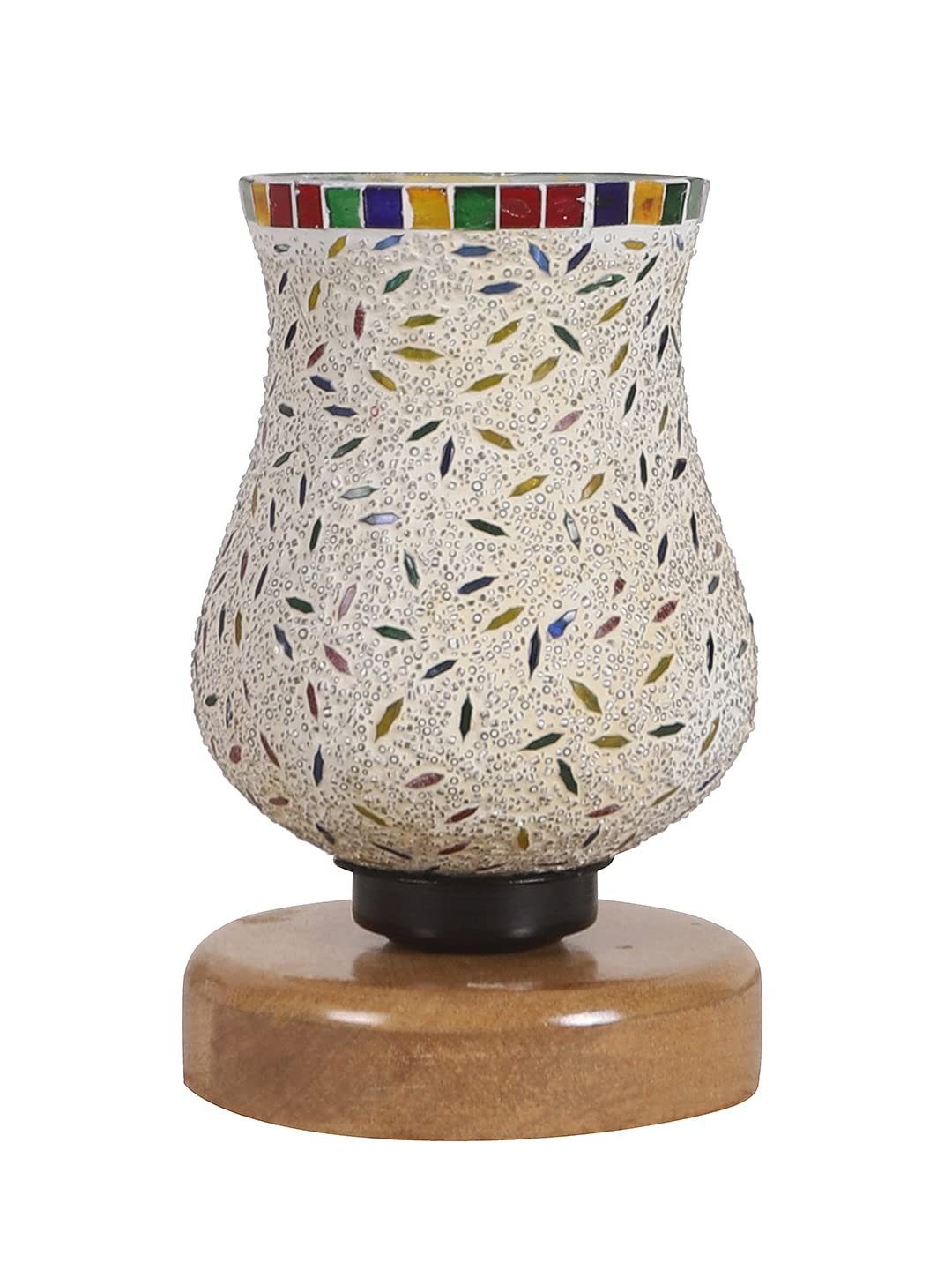 Natural Wood Round Table lamp with Mosaic Glass -FD21