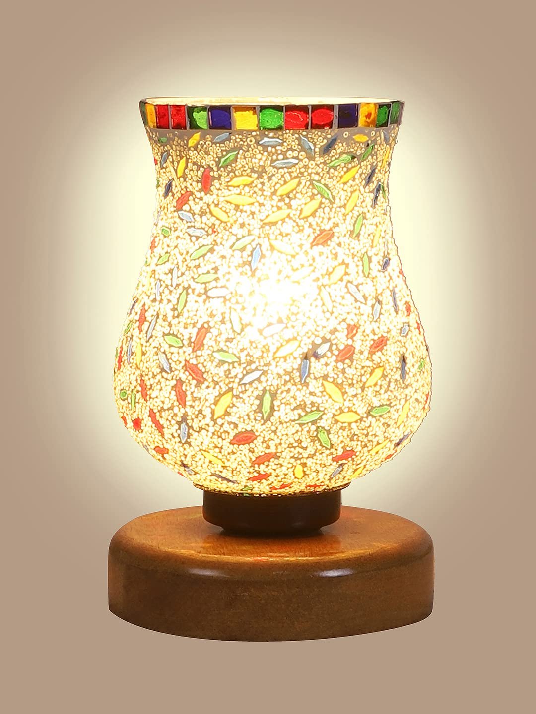 Natural Wood Round Table lamp with Mosaic Glass -FD21