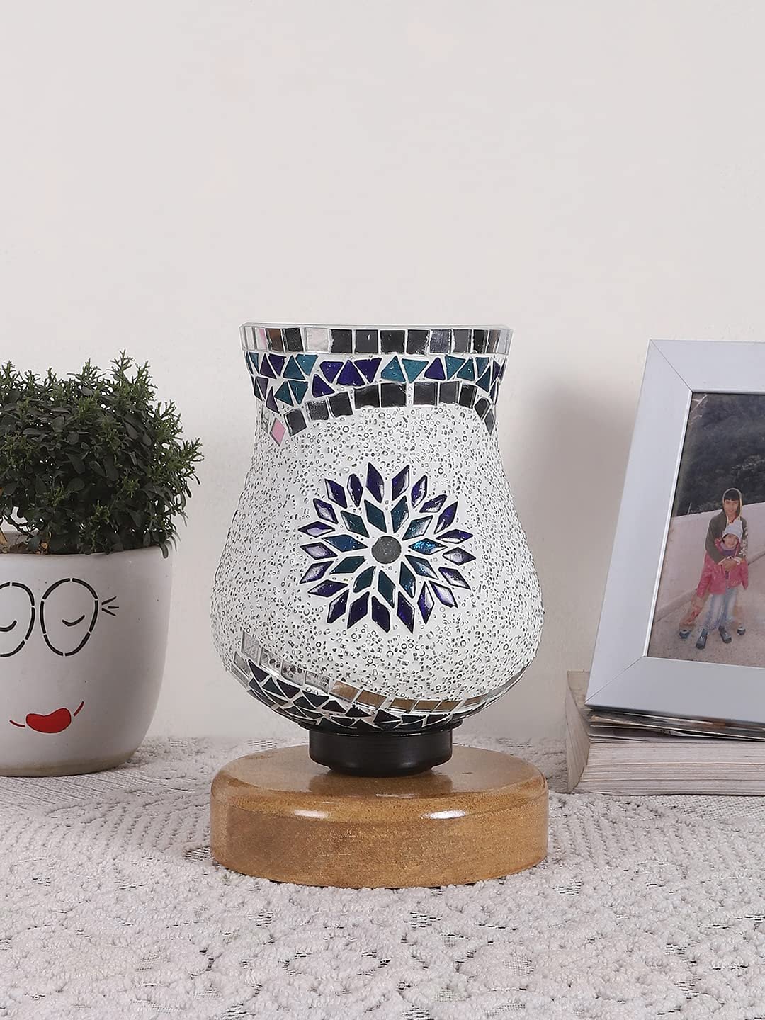 Natural Wood Round Table lamp with Mosaic Glass -FD23