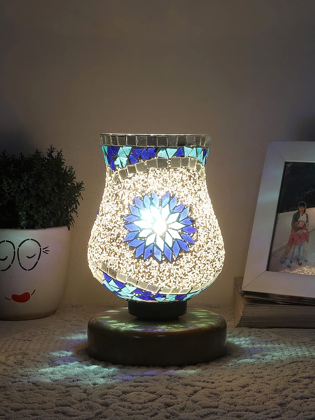 Natural Wood Round Table lamp with Mosaic Glass -FD23