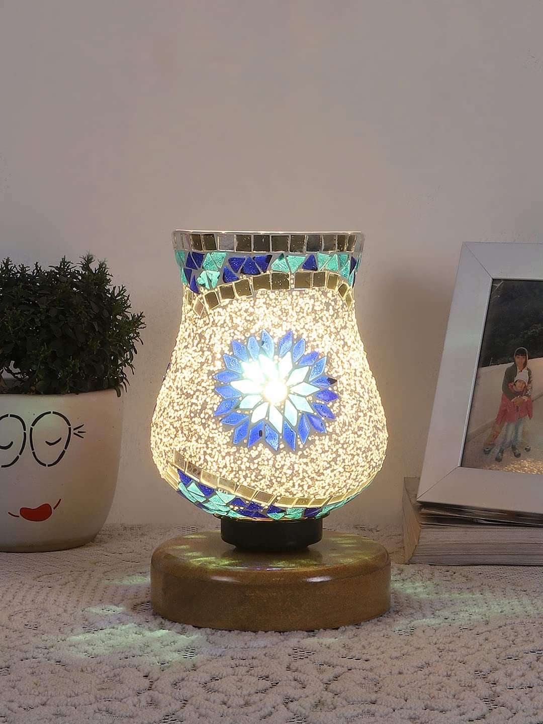 Natural Wood Round Table lamp with Mosaic Glass -FD23