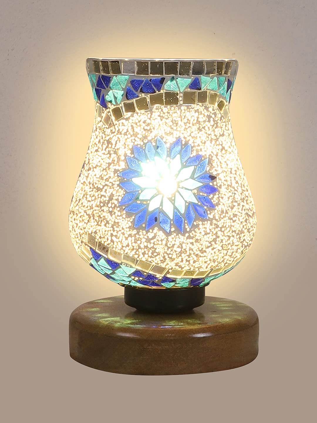 Natural Wood Round Table lamp with Mosaic Glass -FD23
