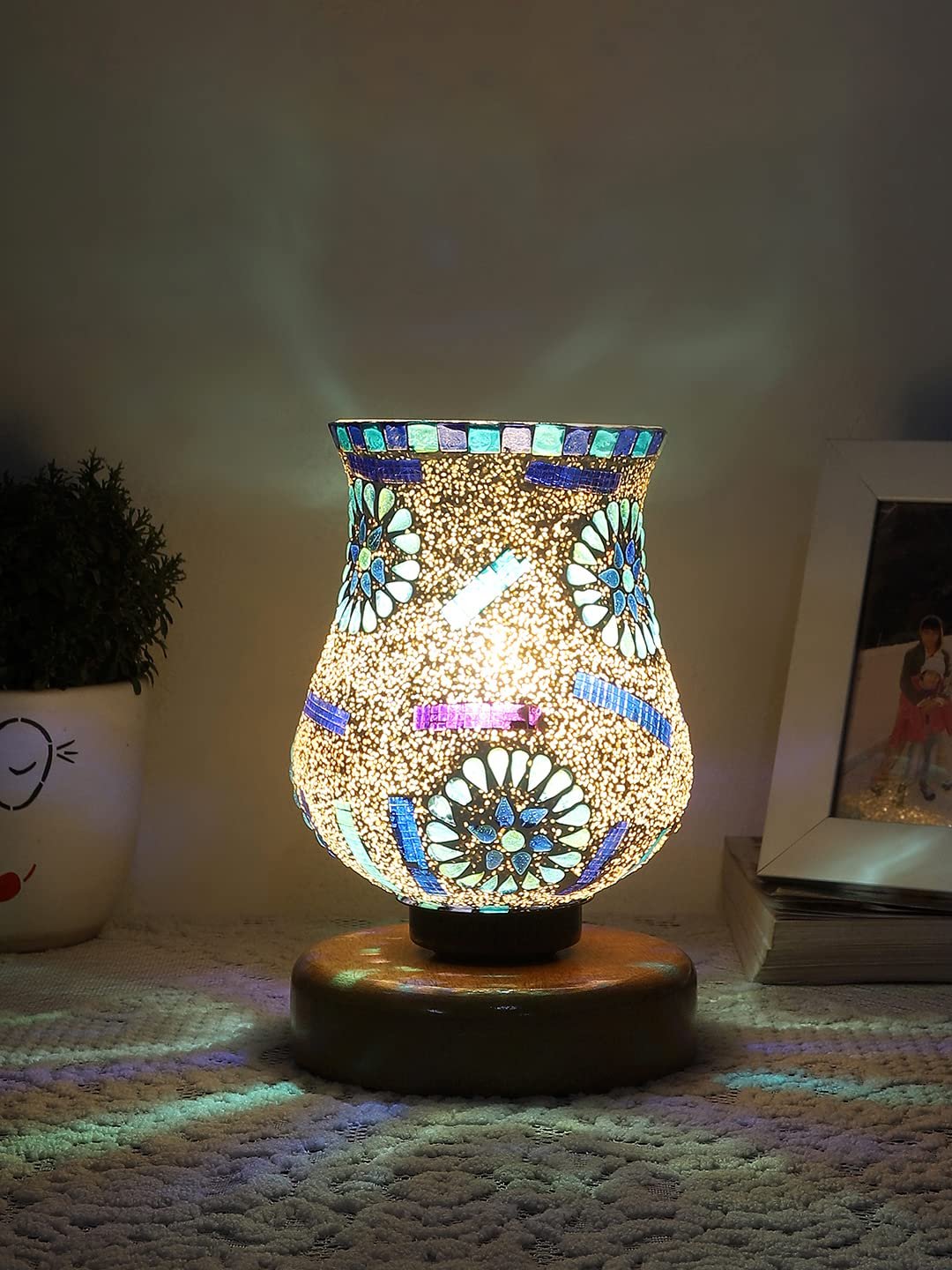 Natural Wood Round Table lamp with Mosaic Glass -FD24