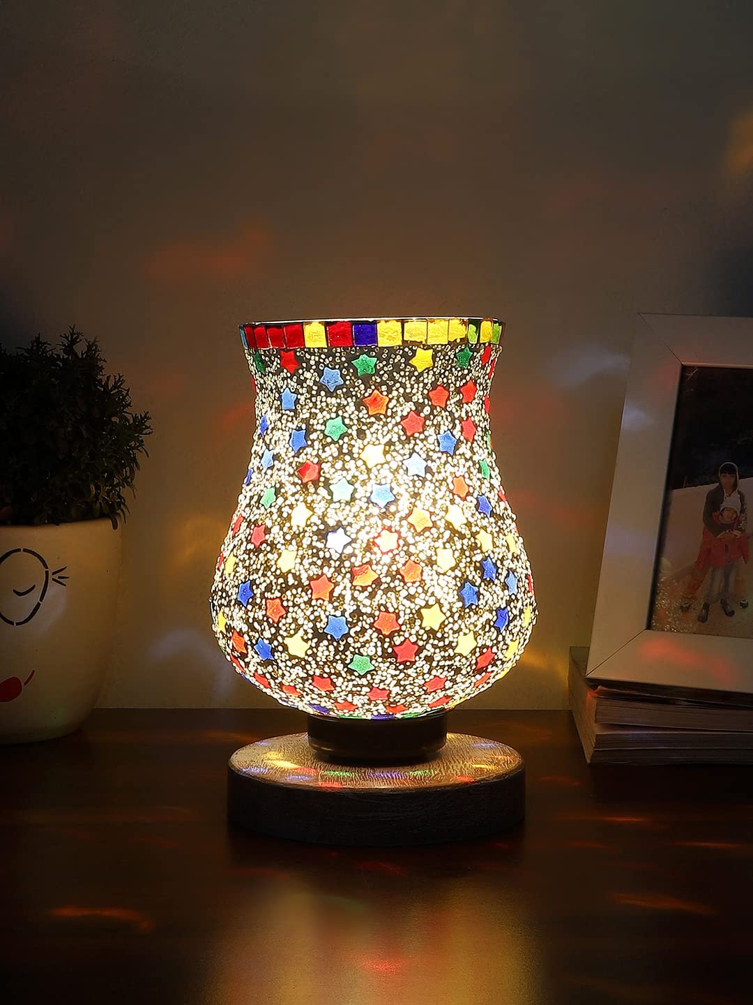 White Brushed Wood Round Table lamp with Mosaic Glass -FD26