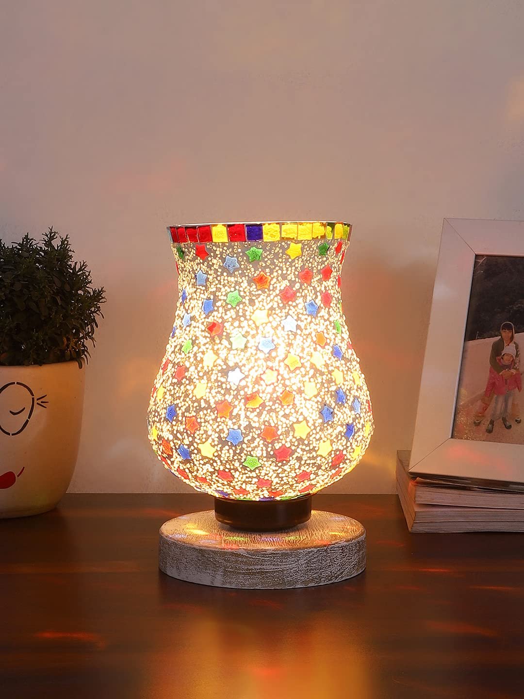 White Brushed Wood Round Table lamp with Mosaic Glass -FD26