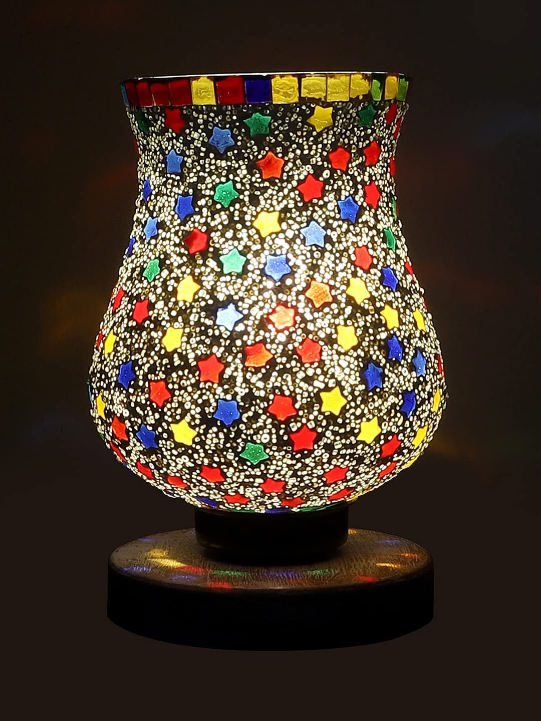 White Brushed Wood Round Table lamp with Mosaic Glass -FD26