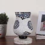 White Brushed Wood Round Table lamp with Mosaic Glass -FD27