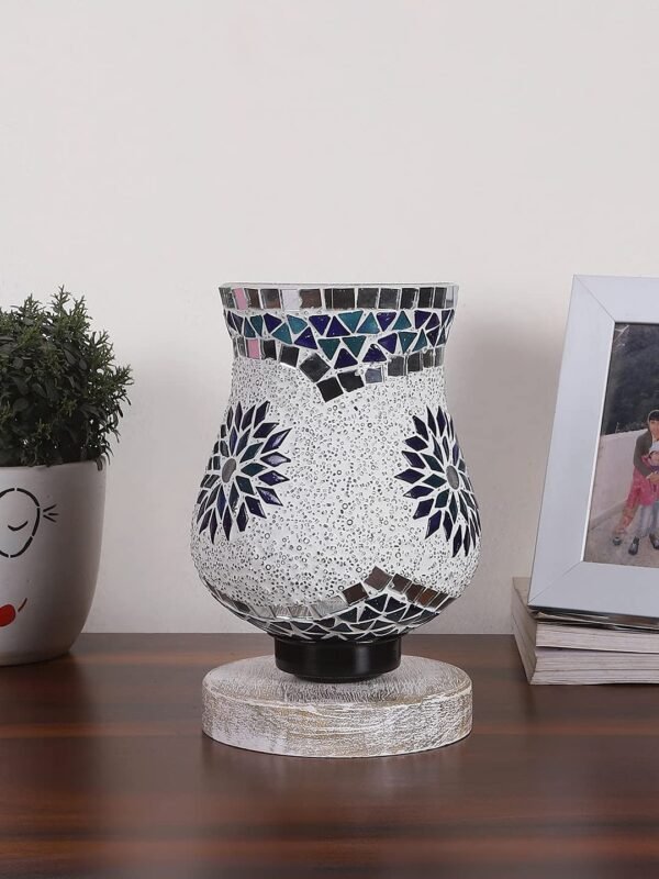 White Brushed Wood Round Table lamp with Mosaic Glass -FD27
