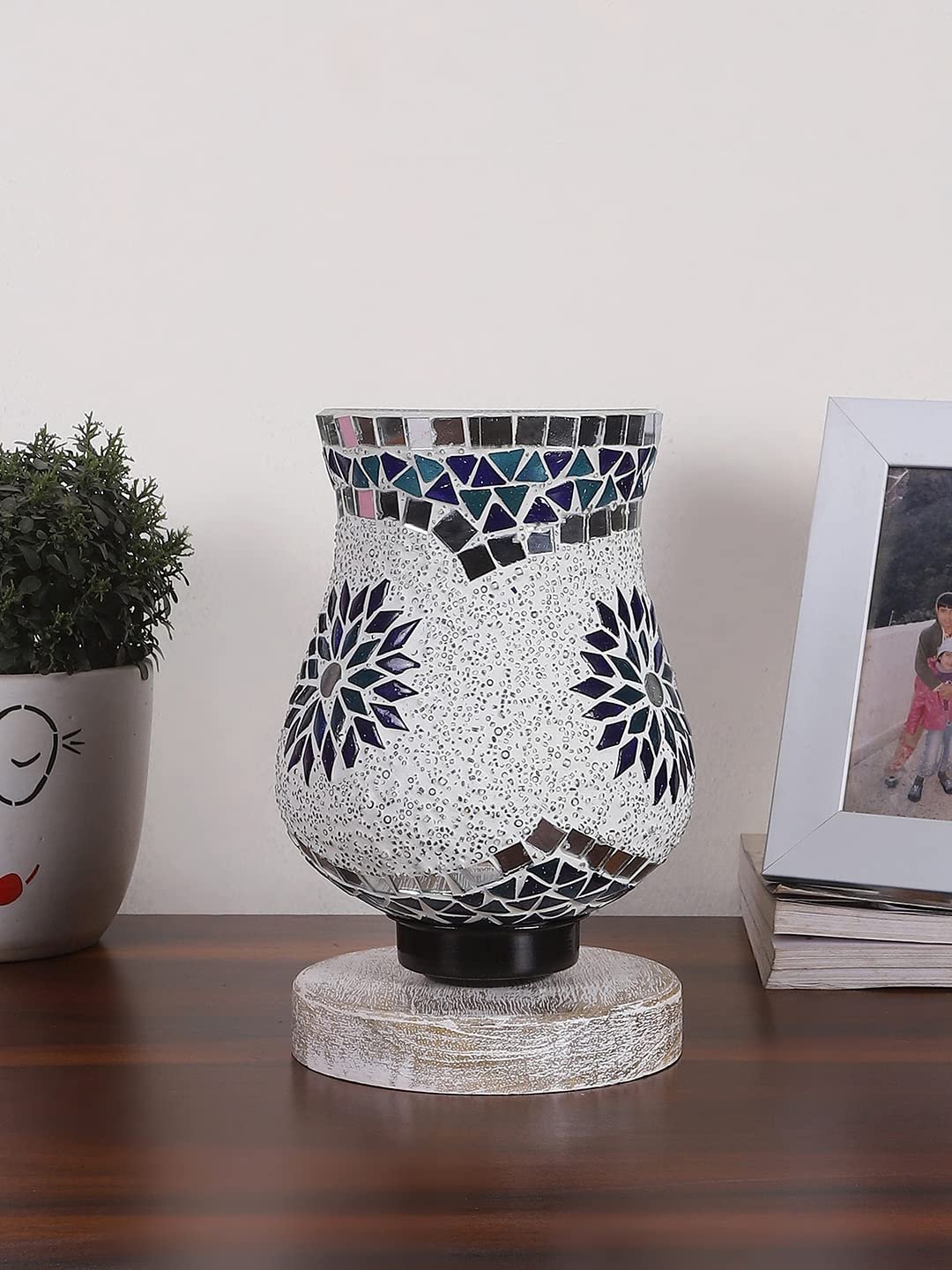 White Brushed Wood Round Table lamp with Mosaic Glass -FD27