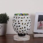 White Brushed Wood Round Table lamp with Mosaic Glass -FD28