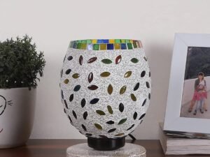 White Brushed Wood Round Table lamp with Mosaic Glass -FD28