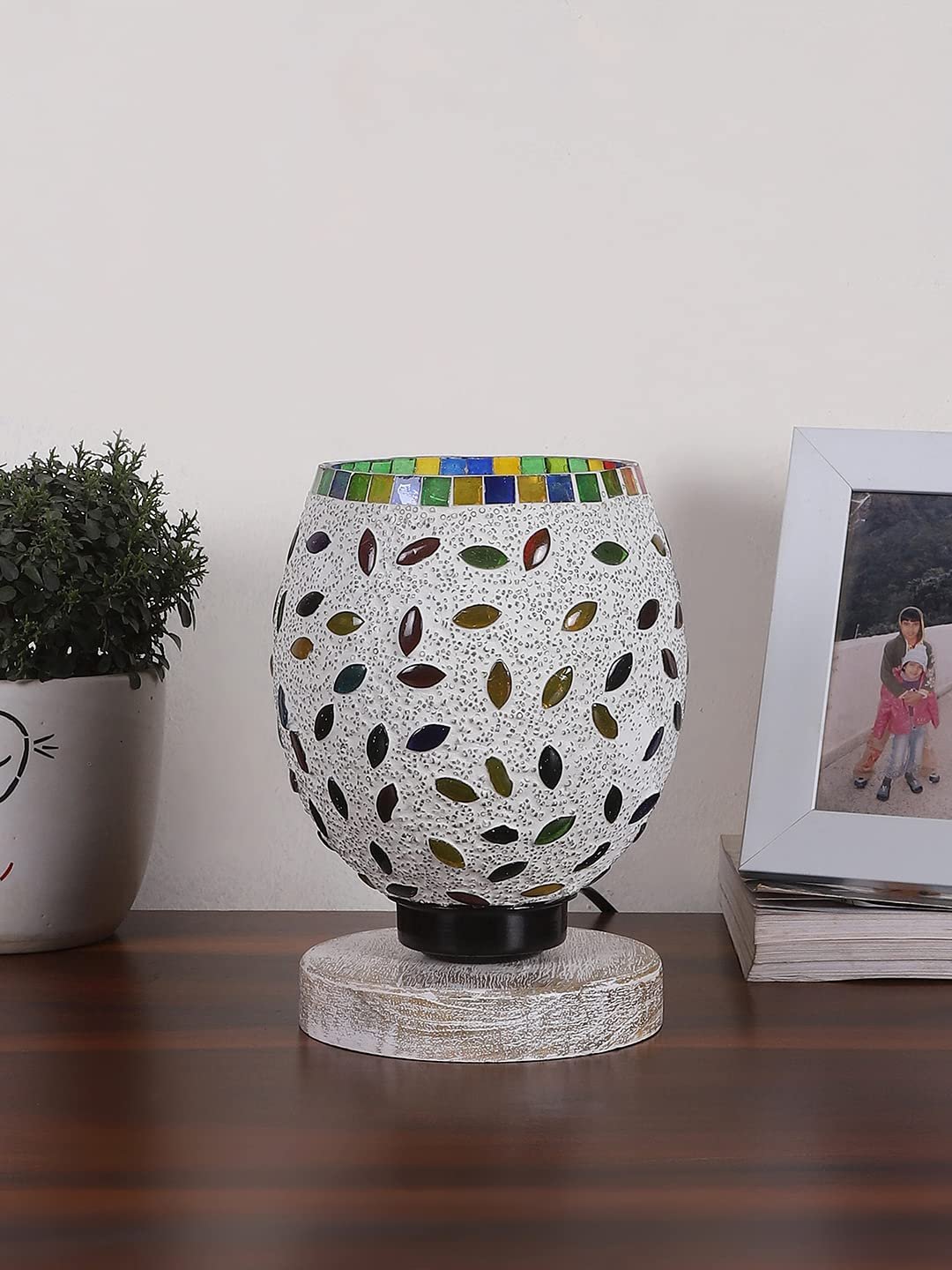 White Brushed Wood Round Table lamp with Mosaic Glass -FD28