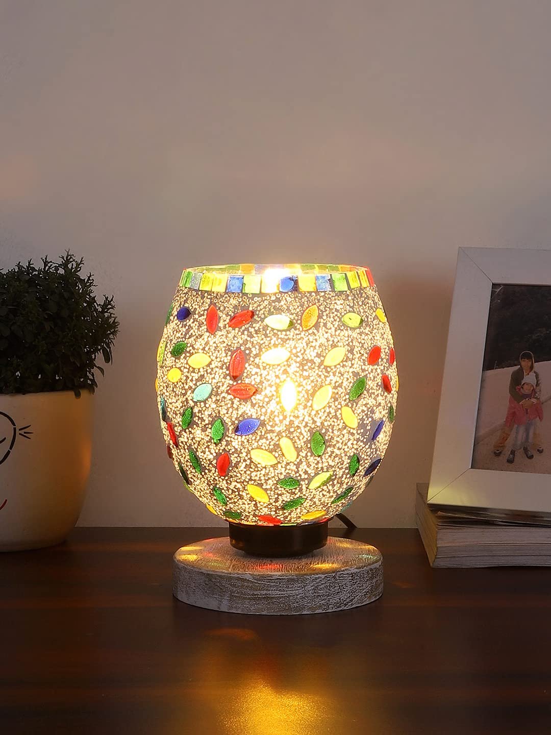 White Brushed Wood Round Table lamp with Mosaic Glass -FD28