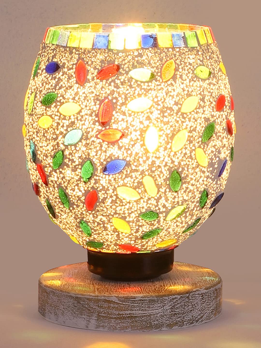 White Brushed Wood Round Table lamp with Mosaic Glass -FD28