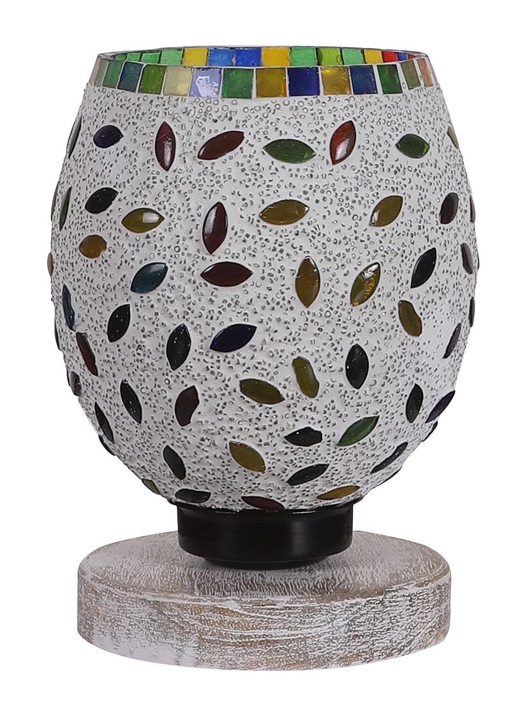 White Brushed Wood Round Table lamp with Mosaic Glass -FD28