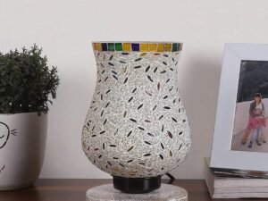 White Brushed Wood Round Table lamp with Mosaic Glass -FD29