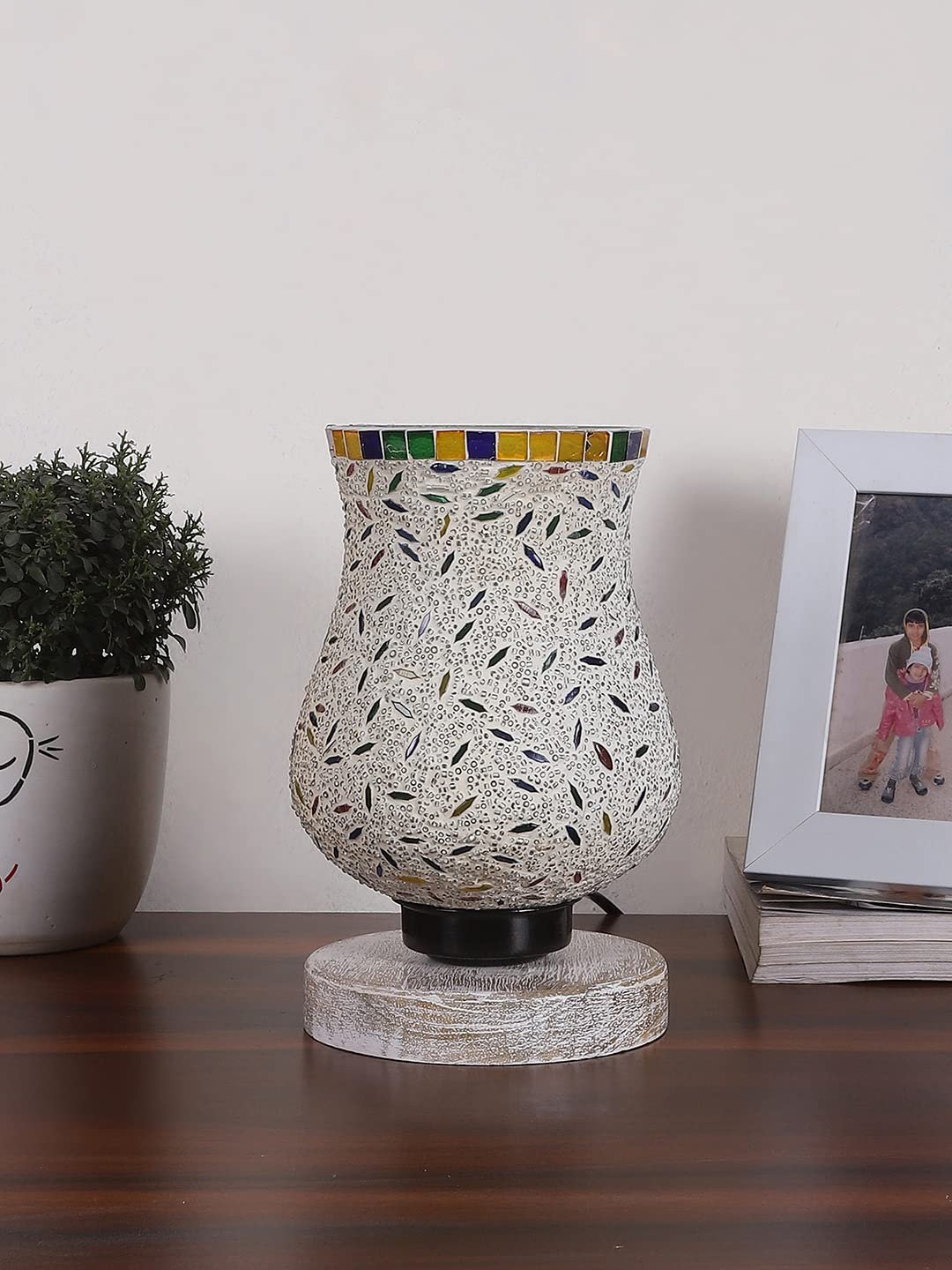 White Brushed Wood Round Table lamp with Mosaic Glass -FD29