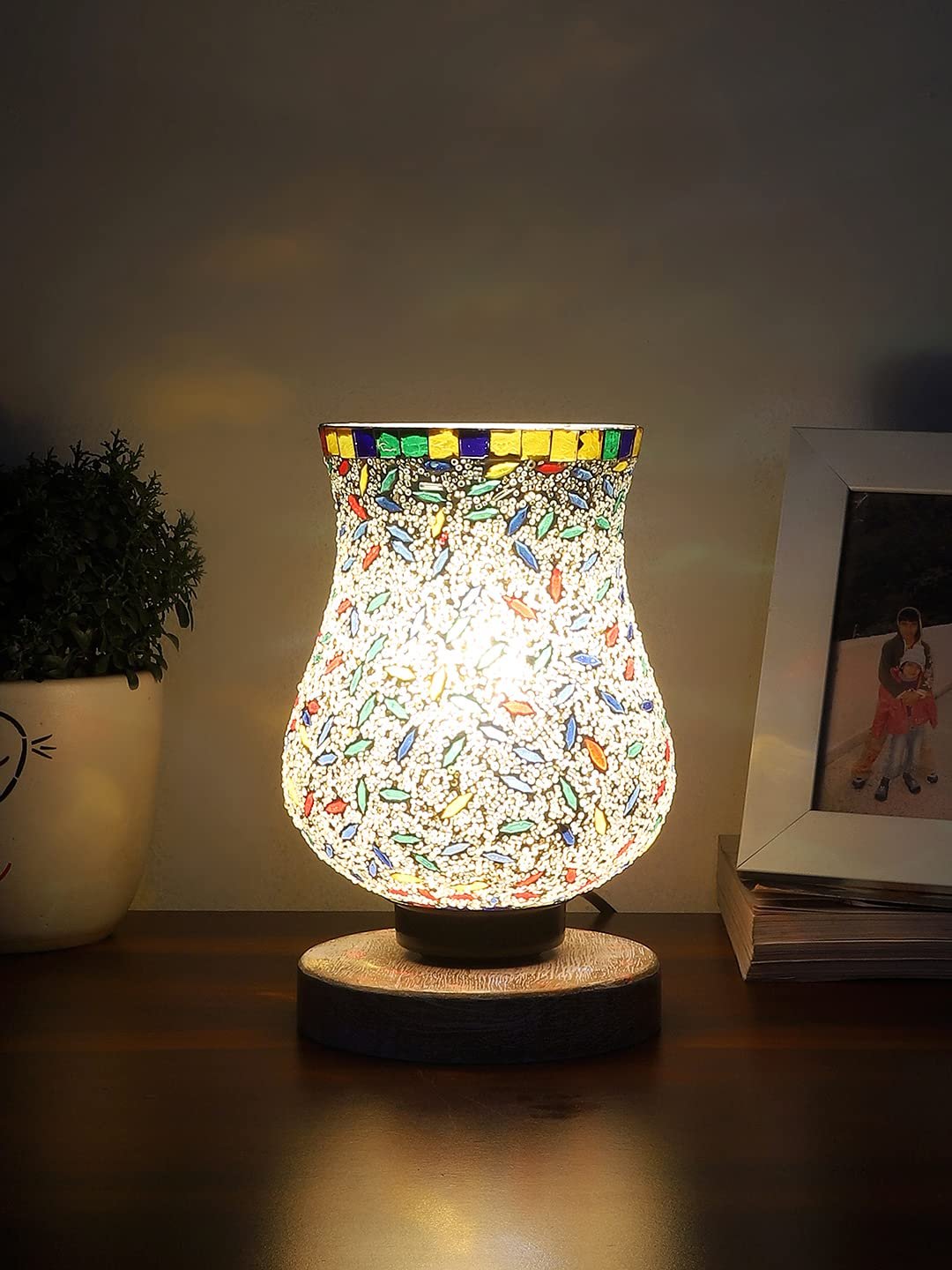 White Brushed Wood Round Table lamp with Mosaic Glass -FD29