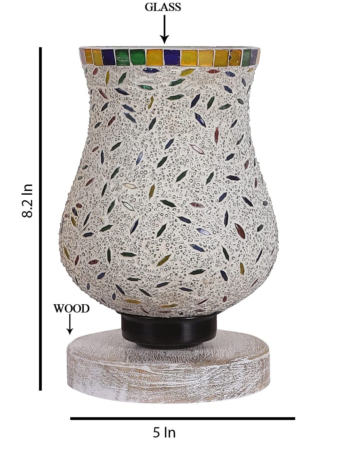 White Brushed Wood Round Table lamp with Mosaic Glass -FD29