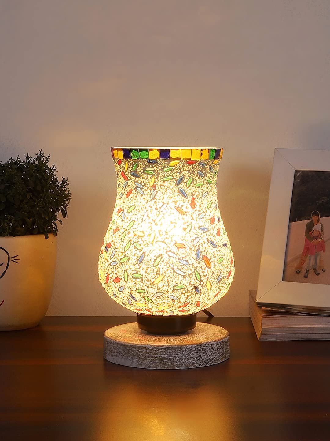 White Brushed Wood Round Table lamp with Mosaic Glass -FD29