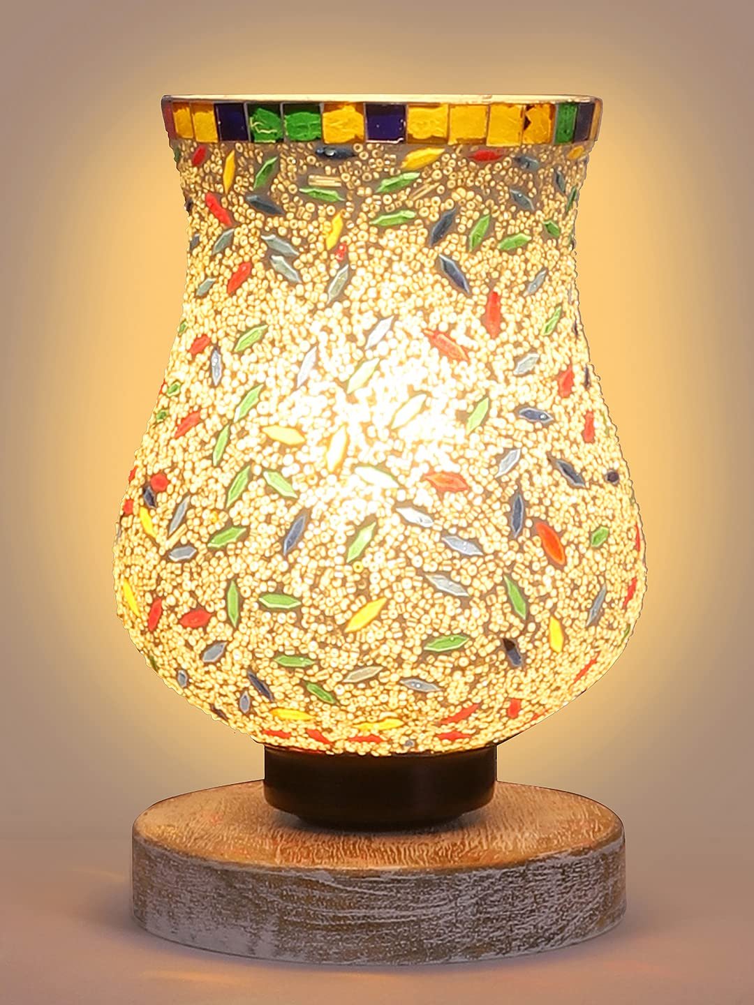 White Brushed Wood Round Table lamp with Mosaic Glass -FD29